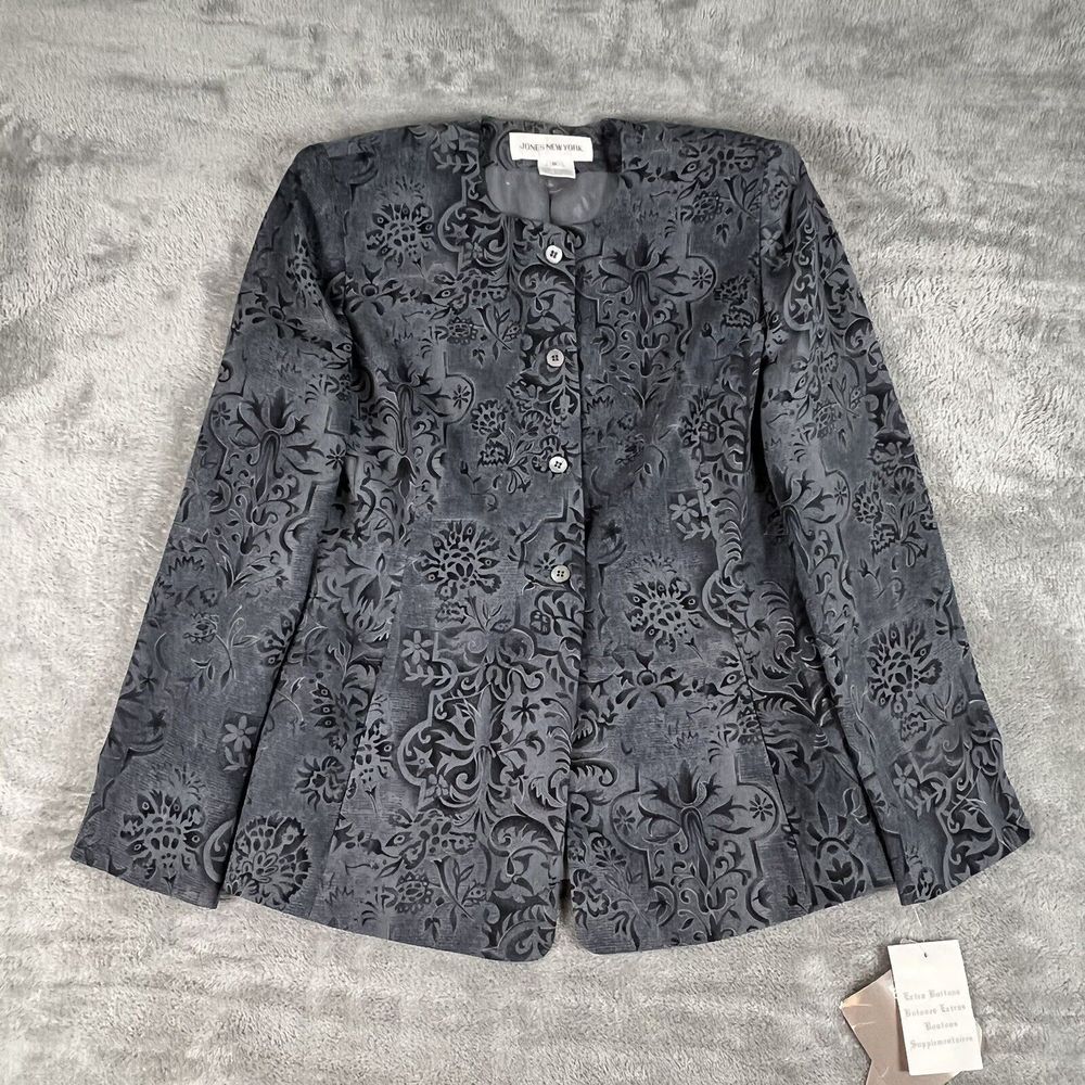 Jones New York Gray Silk Babylon Storm Floral Blazer‎ Jacket Pockets Size 6 NWT